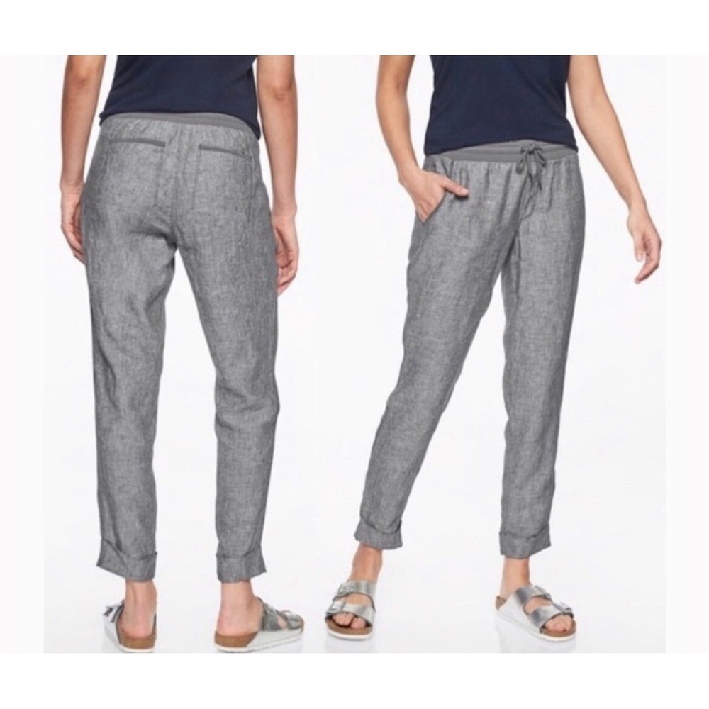 Athleta Bali Linen Ankle Pant Pull on Drawstring Flint Gray Heather Chambray 4